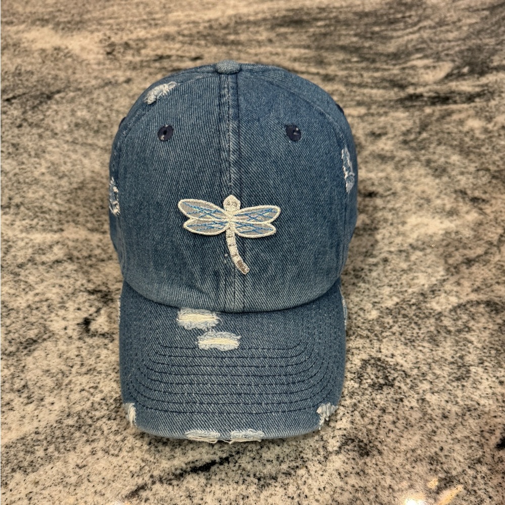 New Custom Designed Blue Distressed Baseball Cap with Dragonfly, Adjustable.